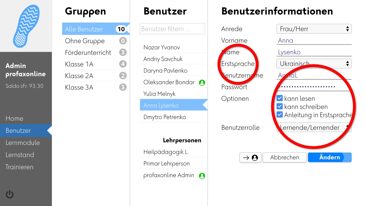 Voreinstellungen für die Erstsprache